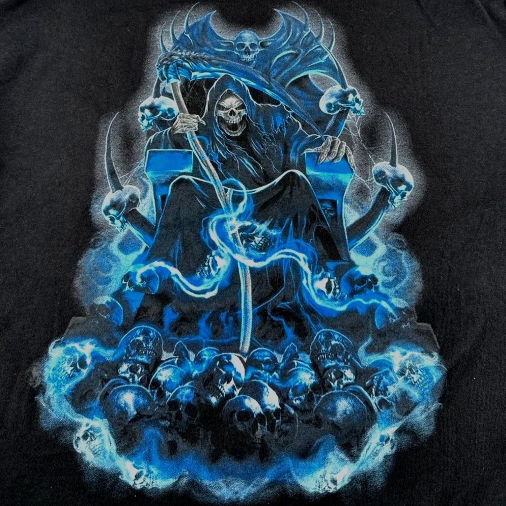 Vintage Y2K Grim Reaper Skull Graphic Tee Black Delta Pro Weight Mens 2XL Blue